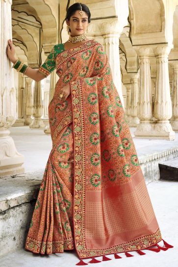 Peach Color Art Silk Fabric Fancy Weaving Work Sangeet Wear Saree