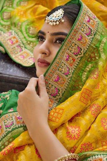 Art Silk Fabric Weaving Work Yellow Color Wedding Wear Designer Saree