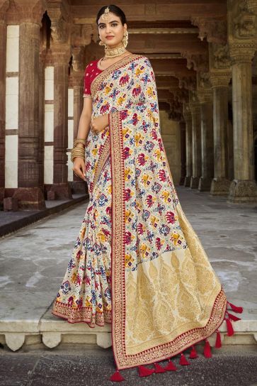 Weaving Work Art Silk Fabric Sangeet Wear Off White Color Designer Saree
