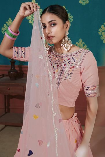 Pink Color Embroidered Sangeet Wear Lehenga Choli In Cotton Fabric