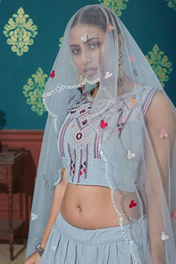 Cotton Fabric Embroidered Wedding Wear Lehenga Choli In Light Cyan Color