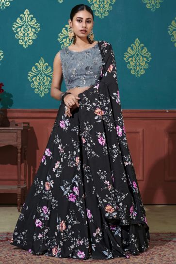Fancy Printed Function Wear Lehenga Choli In Black Color Art Silk Fabric