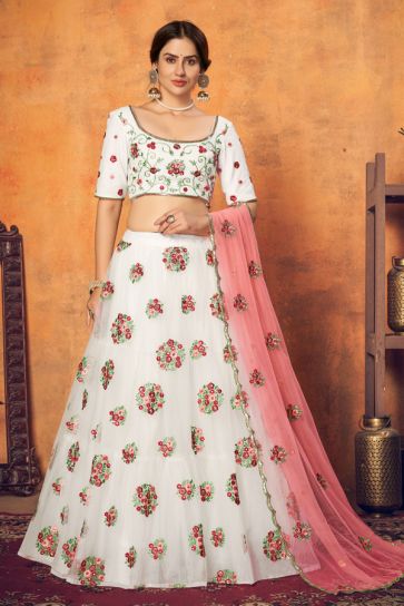 Reception Wear Off White Color Embroidered Lehenga Choli In Net Fabric