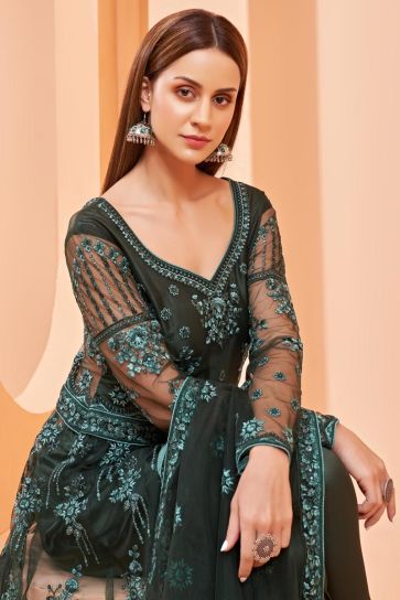 Embroidered Dark Green Color Function Wear Net Fabric Anarkali Suit