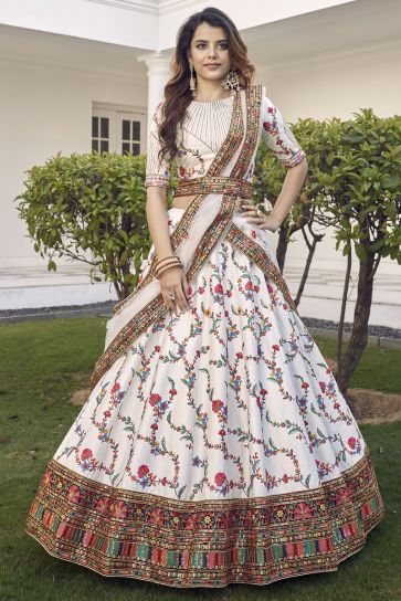Sangeet Wear Heavy Art Silk Fabric With Embroidered Work Off White Color Lehenga