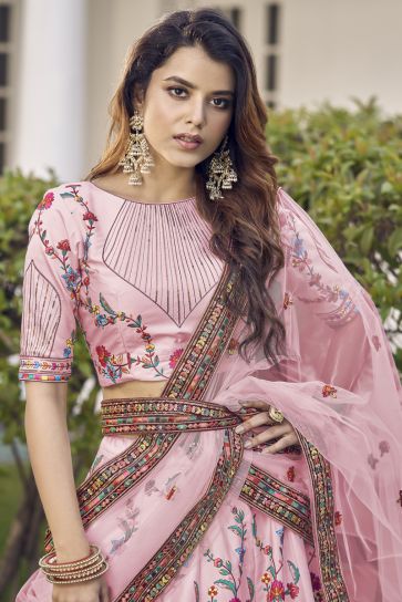 Trendy Sangeet Wear Art Silk Fabric Pink Color Lehenga With Embroidered Work