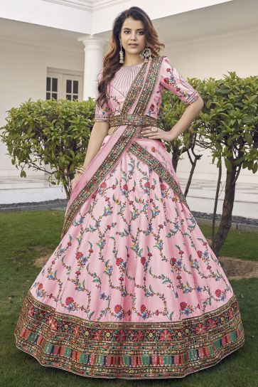 Trendy Sangeet Wear Art Silk Fabric Pink Color Lehenga With Embroidered Work