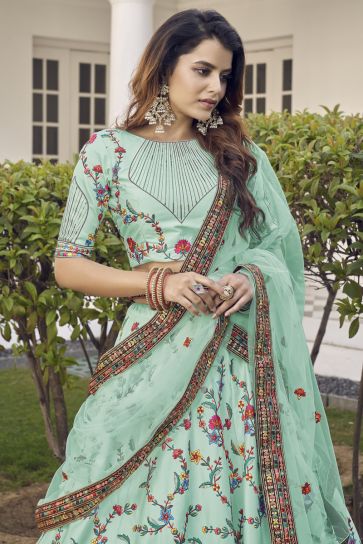 Exclusive Designer Embroidered Work Sea Green Color Sangeet Wear Lehenga In Art Silk Fabric