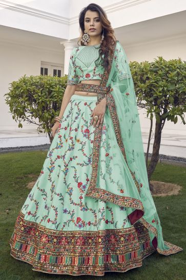 Exclusive Designer Embroidered Work Sea Green Color Sangeet Wear Lehenga In Art Silk Fabric