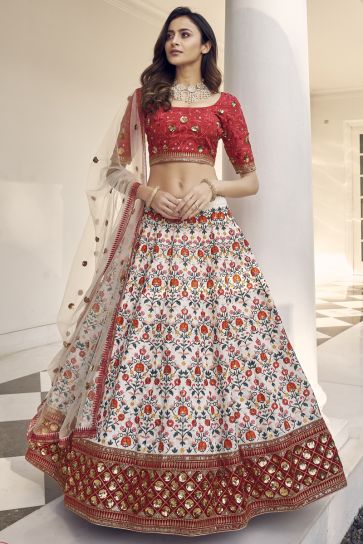 Sangeet Wear Off White Color Exquisite Embroidered Work Lehenga In Art Silk Fabric