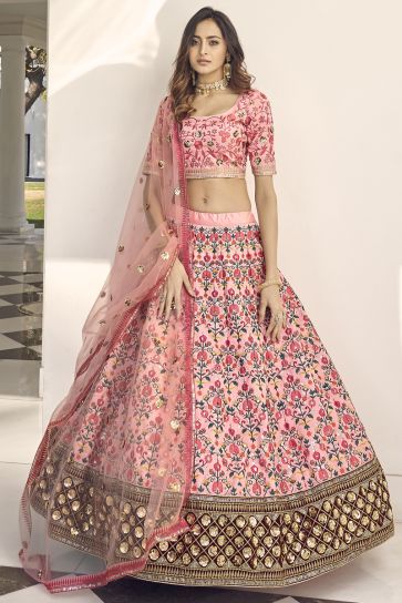 Art Silk Fabric With Embroidered Work Sangeet Wear Pink Color Lehenga