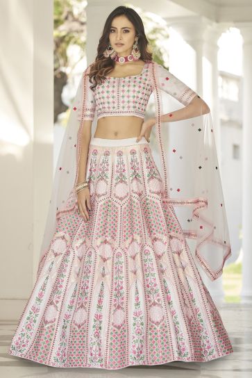 Function Wear Heavy Art Silk Fabric With Thread Embroidered Work Off White Color Lehenga