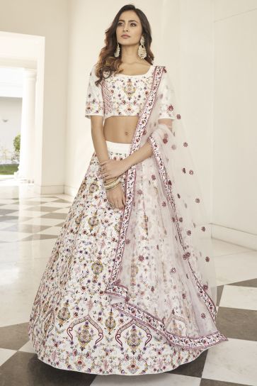Exclusive Designer Thread Embroidered Work Off White Color Function Wear Lehenga In Art Silk Fabric