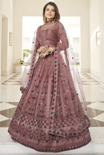 Function Wear Wine Color Exquisite Thread Embroidered Work Lehenga In Art Silk Fabric