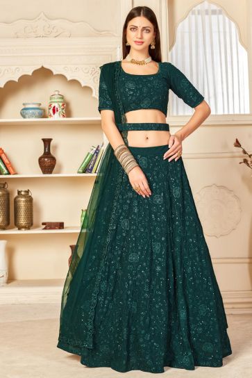 Dark Green Color Wedding Wear Georgette Fabric Embroidered Lehenga Choli