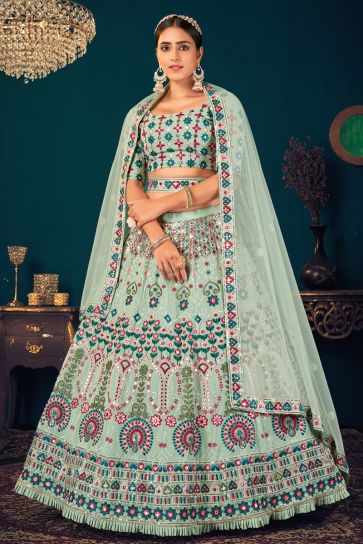 Sea Green Color Georgette Fabric Embroidered Reception Wear Gorgeous Lehenga