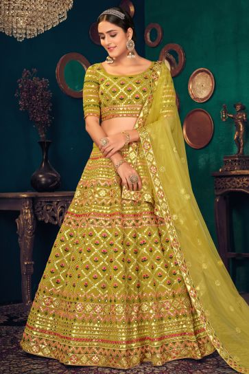 Green Color Wedding Wear Embroidered Lehenga Choli In Georgette Fabric