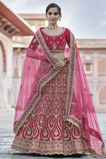 Wedding Wear Pink Color Embroidered Lehenga Choli In Velvet Fabric
