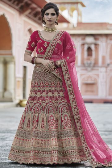 Velvet Fabric Wedding Wear Pink Color Embroidered Lehenga Choli