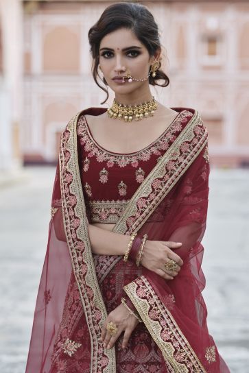 Wedding Wear Maroon Color Embroidered Velvet Fabric Lehenga Choli