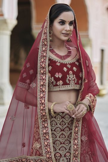Wedding Function Wear Maroon Color Velvet Fabric Embroidered Lehenga Choli