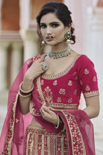 Pink Color Velvet Fabric Wedding Function Wear Embroidered Lehenga Choli