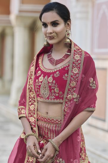 Wedding Function Wear Pink Color Embroidered Lehenga Choli In Velvet Fabric