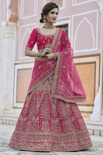 Velvet Fabric Wedding Function Wear Pink Color Embroidered Lehenga Choli