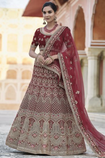 Wedding Function Wear Maroon Color Embroidered Lehenga Choli In Velvet Fabric
