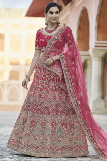 Pink Color Wedding Function Wear Velvet Fabric Embroidered Lehenga Choli