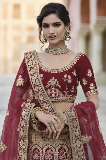 Wedding Function Wear Maroon Color Embroidered Velvet Fabric Lehenga Choli