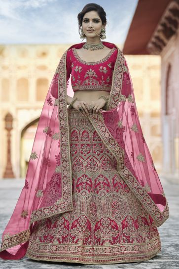 Wedding Function Wear Velvet Fabric Embroidered Lehenga Choli In Pink Color