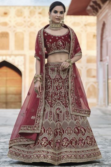 Wedding Wear Maroon Color Fancy Velvet Fabric Embroidered Lehenga Choli