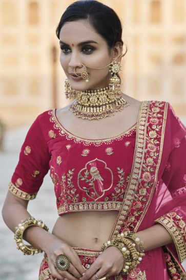 Wedding Wear Velvet Fabric Fancy Pink Color Embroidered Lehenga Choli