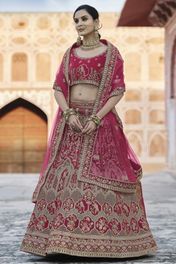 Wedding Wear Velvet Fabric Fancy Pink Color Embroidered Lehenga Choli