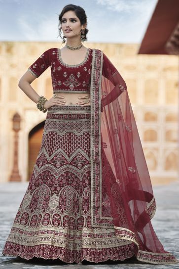Wedding Wear Velvet Fabric Fancy Embroidered Lehenga Choli In Maroon Color