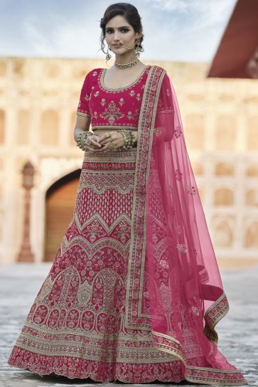 Pink Color Fancy Velvet Fabric Wedding Wear Embroidered Lehenga Choli