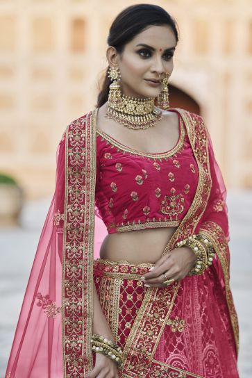 Wedding Wear Pink Color Fancy Embroidered Lehenga Choli In Velvet Fabric