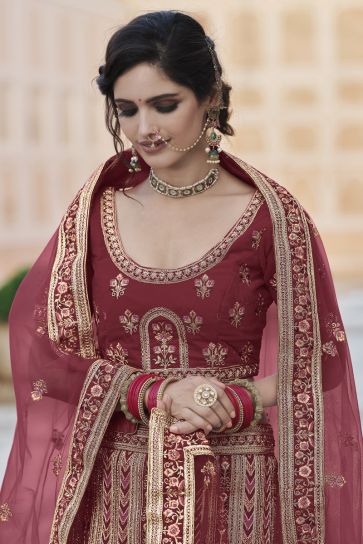 Wedding Wear Maroon Color Velvet Fabric Embroidered Lehenga Choli