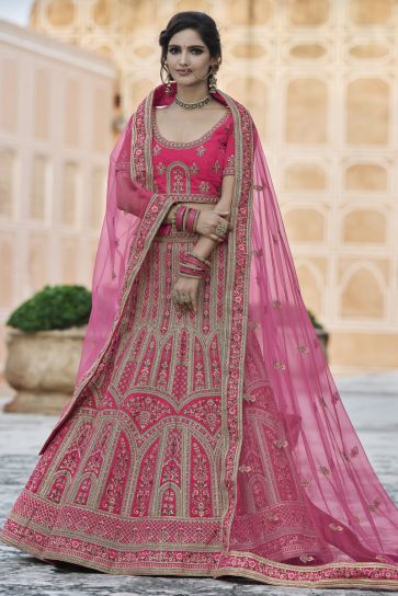 Wedding Wear Velvet Fabric Pink Color Embroidered Lehenga Choli