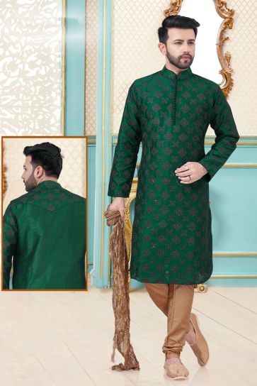Dark Green Color Art Silk Embroidered Wedding Wear Men Kurta Pyjama