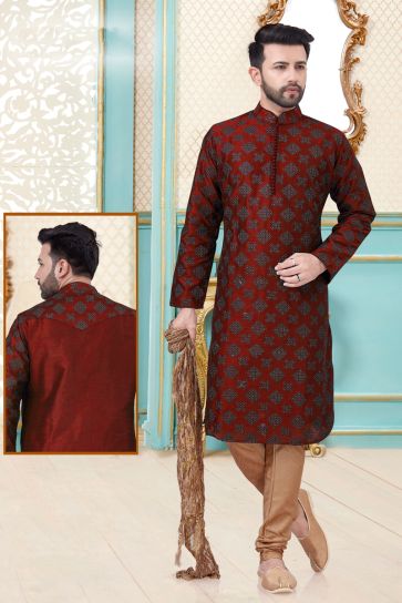 Maroon Color Art Silk Embroidered Reception Wear Men Kurta Pyjama
