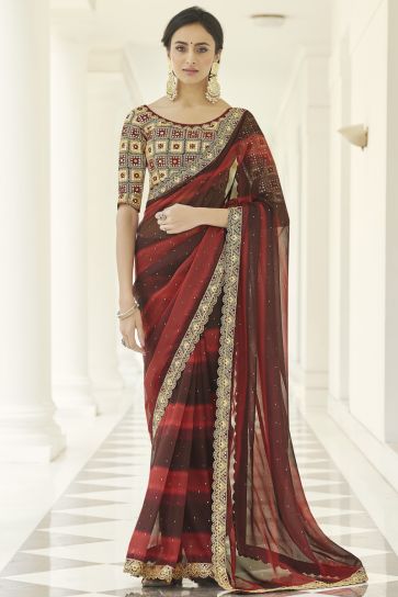 Incredible Embroidered Work On Organza Fabric Maroon Color Party Wear Saree