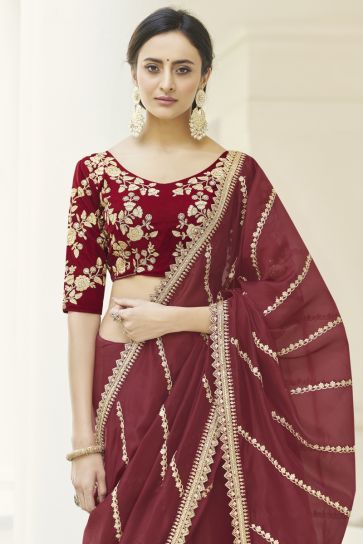 Maroon Color Organza Fabric Elegant Saree With Embroidered Work