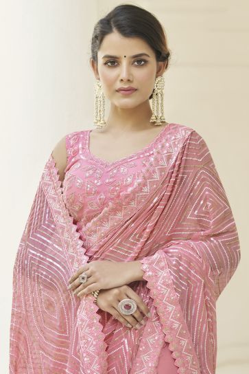 Classic Embroidered Work On Pink Color Party Wear Saree In Georgette Fabric
