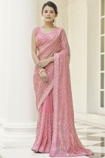 Classic Embroidered Work On Pink Color Party Wear Saree In Georgette Fabric