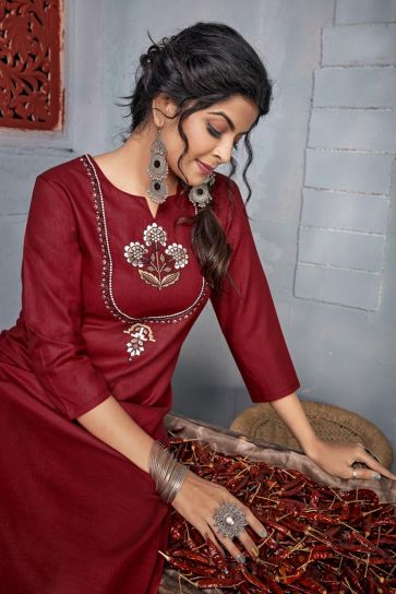 Rayon Fabric Party Wear Maroon Color Embroidery Work Long Kurti With Pant