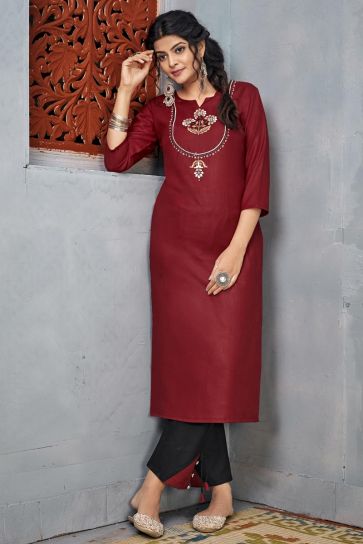 Rayon Fabric Party Wear Maroon Color Embroidery Work Long Kurti With Pant