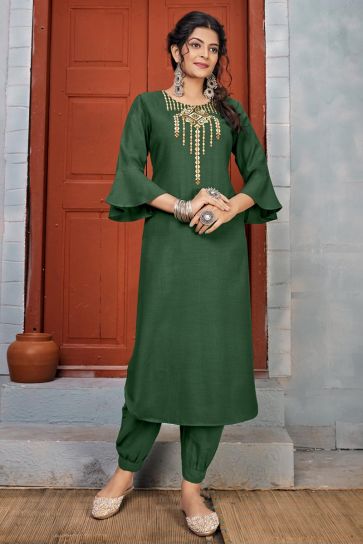 Green Color Party Wear Rayon Fabric Embroidery Work Long Kurti With Pant