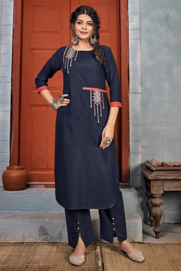 Navy Blue Color Rayon Fabric Party Wear Embroidery Work Long Kurti With Pant